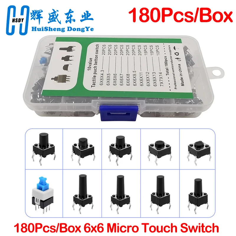 180PCS 10 Typ 6*6 Licht Micro Touch Schalter Set Push Button Schalter Kit Sortiment Set DIY Werkzeug Zubehör 6x6 Tasten Tact ON/OFF Image
