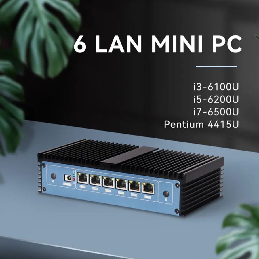 Industrieller Mini-PC lüfter loser Router 6 x Intel i211 LAN Core i7 6500u i5 Pentium 4415u DDR4 Pfsense Firewall Appliance Server Image