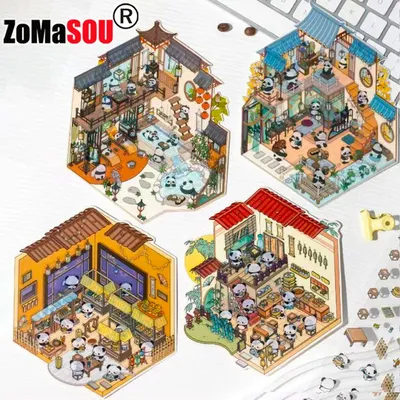 Pandan-Dorf, niedliche 3D-Landschaftsbau-Aufkleber, chinesische Miniaturszene, DIY-Hütenszene, Image