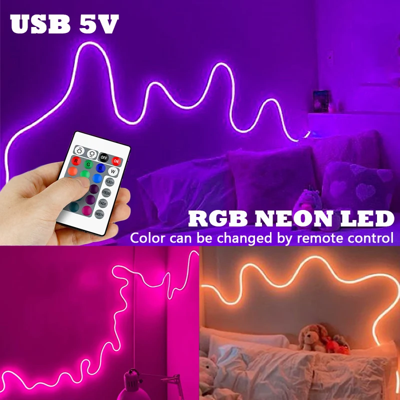 LED-Neon-Lichterkette, flexible LED-Lichterkette mit 24-Tasten-Fernbedienung, RGB-Neonlichter, Gaming-LED-Neonstreifen-Lichter für Schlafzimmer im Innenbereich