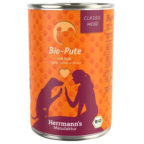 Lot Herrmann's Menu Classic / Menu Bio 24 x 400 g pour chien - dinde bio, riz bio