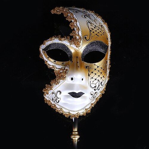 Arlecchina Halloween Venezianische Maske Maske am Stiel Volto Karnevalsmaske Halbgesicht Erwachsene Herren Damen Halloween Karneval Leistung Party Karneval von Venedig Einfache Halloween-Kostüme Image