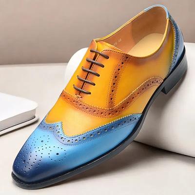 Men's Gradient Brogue Oxford Shoes – Premium Cowhide Leather with Yellow and Blue Design, Perfect for Business, Parties, or Formal Occasions