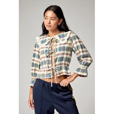 Urban Renewal Made From Remnants Flannel Collared Blouse - Blue XS at Urban Outfitters