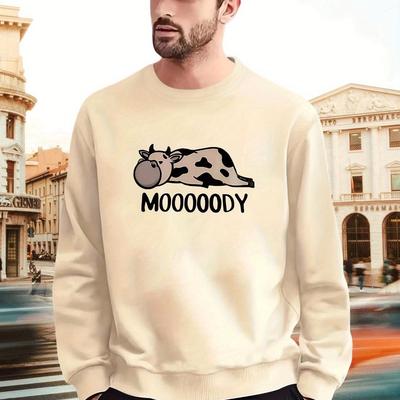 TEMU Cow Print, Men's Trendy And Casual Pullover Long Sleeve T-shirt, Men's Crew Neck Sweatshirt, Men's Tops For Outdoor Activities Image