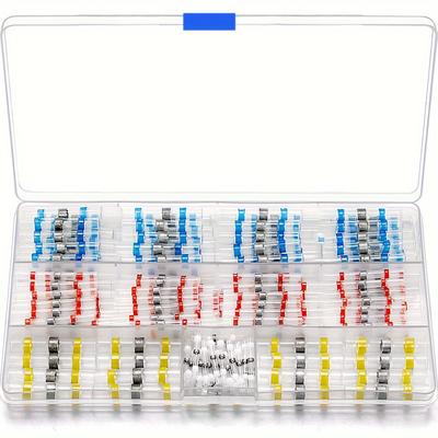 TEMU 120pcs Welded Seal Line Connectors, Heat Shrink Coupling Terminals, Polyolefin Tubes With Hot Melt Glue And Solder Included, Yellow, Blue, Red, White, 4 Sizes/colors Image