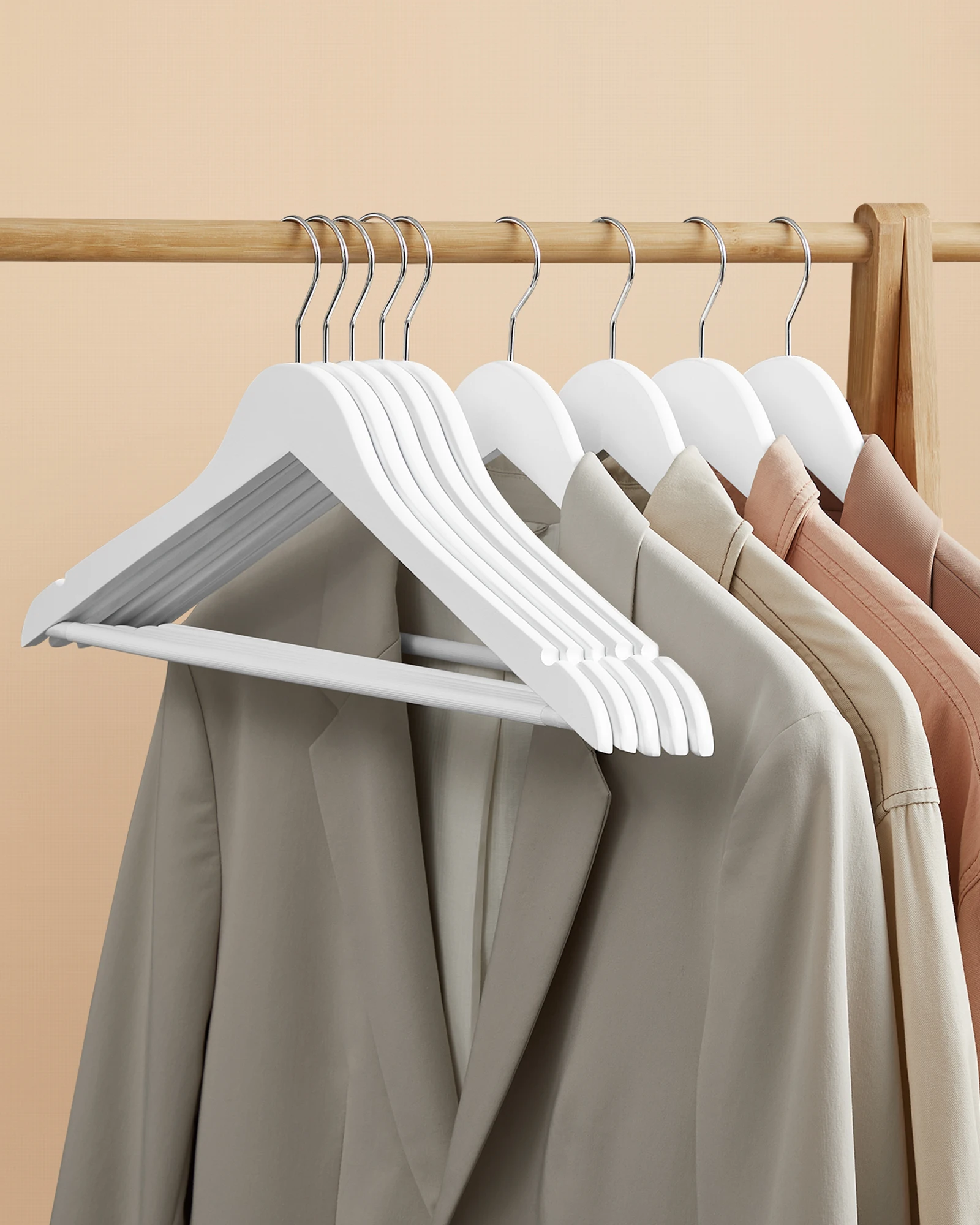 SONGMICS Wooden Hangers, Coat Hangers, Clothes Hangers, with Shoulder Notches, Anti-Slip Trousers Bar, for Suits, Shirts, Coats