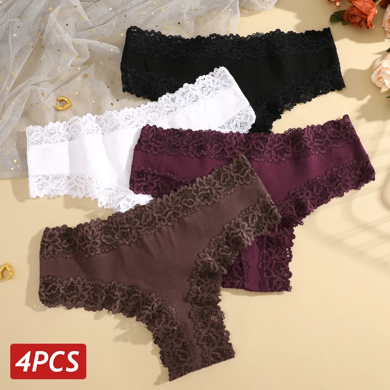 4 pezzi/set mutandine di cotone per donna mutandine brasiliane senza cuciture in pizzo floreale a vita bassa lingerie sexy mutandine bikini traspiranti femminili