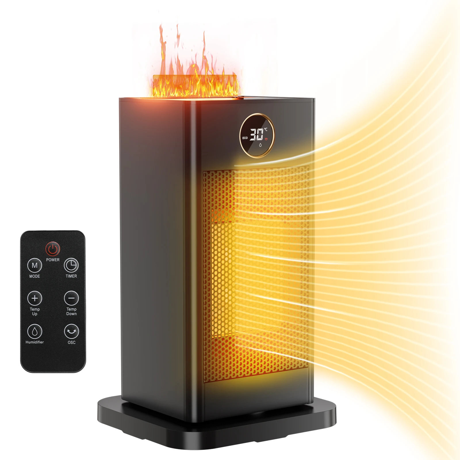 Elektrischer Heizlüfter, 1500W PTC Keramik-Heizgerät, Timer, Fernbedienung, Thermostat, Überhitzungsschutz, LCD-Flammendisplay