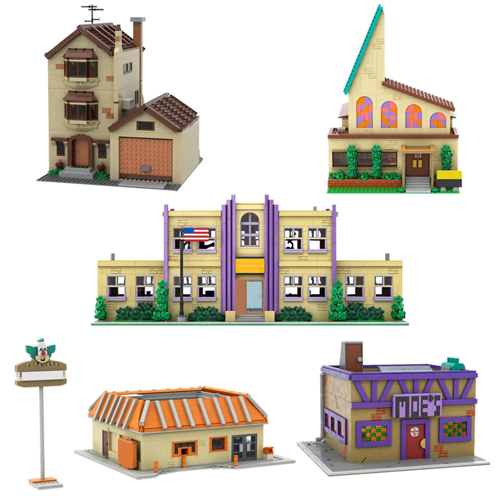 MOC Simpsinged Anime Modulare Stadt Street View Springfield Grundschule Bausteine Modell Moe der Taverne Ziegel Kinder Spielzeug Image