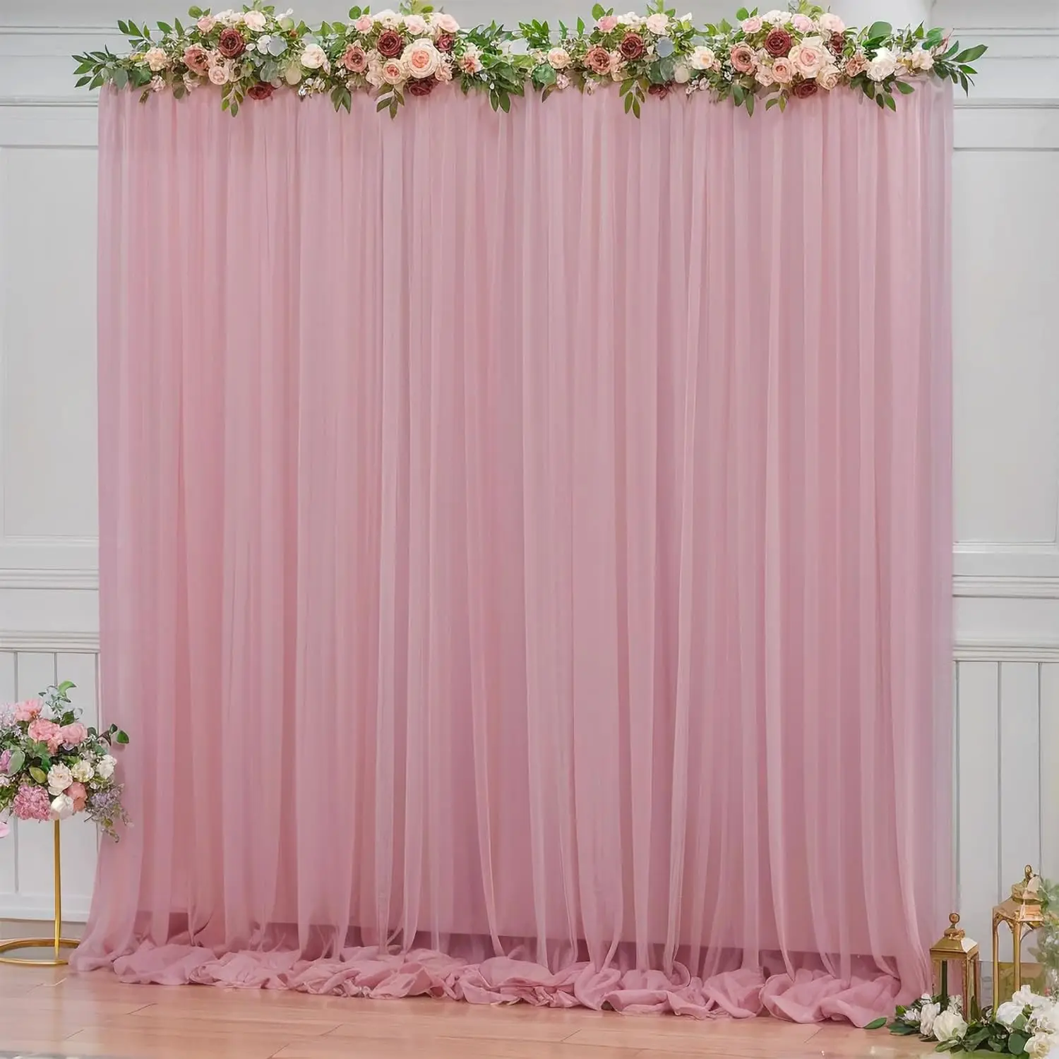 2 Stück weiße Chiffon Hintergrund Vorhänge, transparente Stoff Hintergrund Vorhänge Vorhänge für Braut dusche Hochzeit Bogen Party Dekoration Image