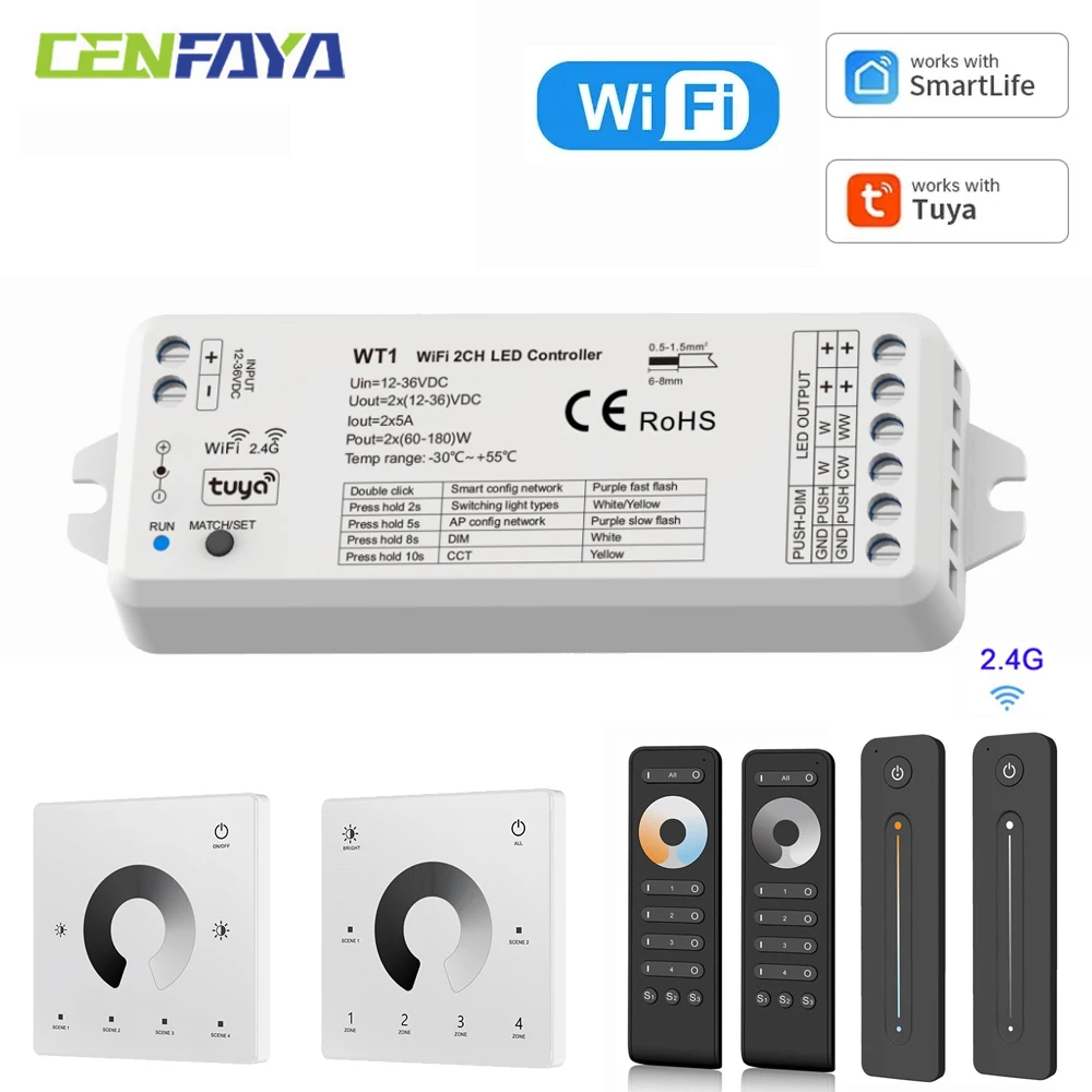 CENFAYA WIFI RF 2CH LED Controller DC 12V 24V Smart Dimmer Arbeit mit Amazon Alexa Google Assistant RF 4 ZONE 2,4G Fernbedienung Image