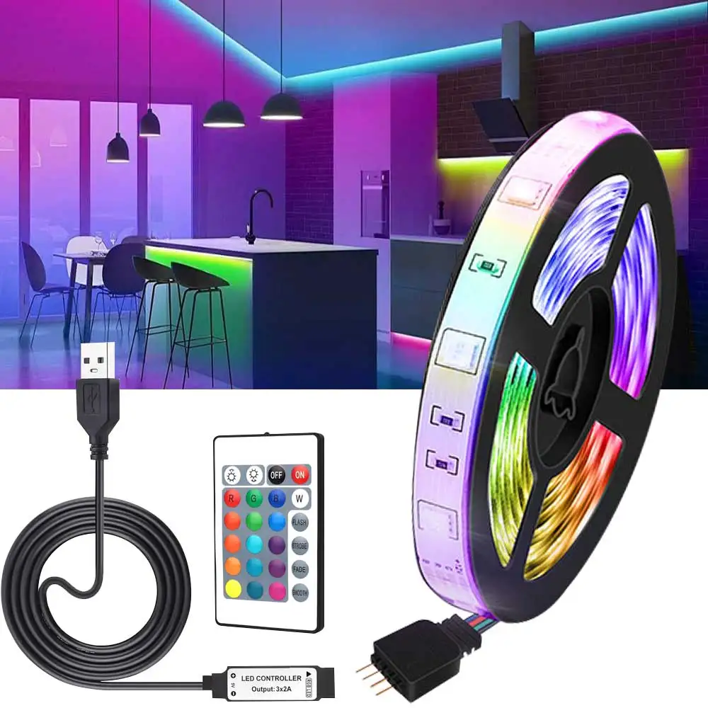 RGB 5050 LED-Streifenlichter, 5 V, USB-Streifenlichter, 24 Tasten, Steuerung, flexibles Band, Farbwechsel, LED-Lampenband für Raumdekoration Image