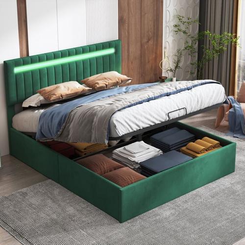 Doppelbett Polsterbett 140x200 cm, hydraulisches Boxspringbett mit steuerbarer LED-Beleuchtung,