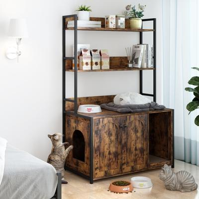 Elegant Cat Litter Box Cabinet with 3-Tier Storage Rack & Scratch Pad for Living Room or Bedroom