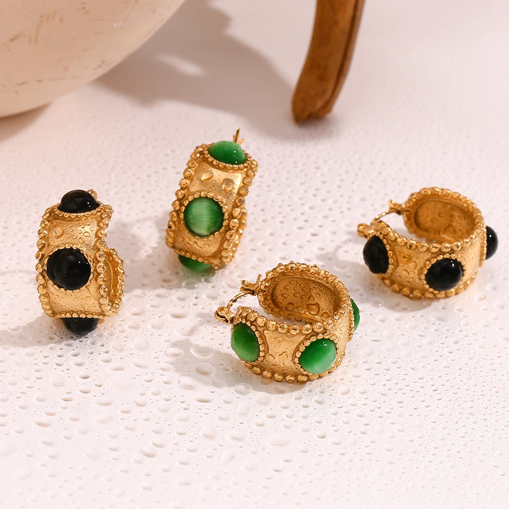 E.B.belle Vintage Grün Schwarz Achat Blumenkorb Creolen Edelstahl Schmuck Frau ästhetische Ohrringe wasserdicht Schmuck