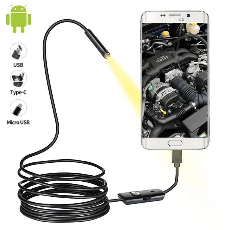 5,5mm 7,0mm Endoskop Kamera 2m Mini Schlange Kanalisation Industrielle Rohrleitungen Endoskop Auto Inspektion Endoskopische Für PC USB Android Typ C Image