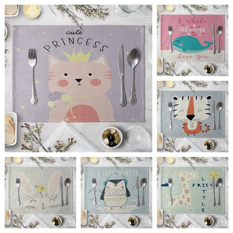 4pc/8pc Kinder niedlichen Tier Stil Muster Tischset Baumwolle Leinen Stoff Tischs ets Familie Abendessen Geschirr Küchentisch Matte Image