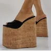 Sexy Frauen schwarz Leder Peep Toe Plattform 22 cm Keile Sommer Hausschuhe weibliche High Heel Sandalen Schuhe Drop Versand Größe 47