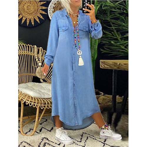 Damen Jeanskleider Minikleid Knopf Tasche Brautkleider schlicht Hemdkragen Langarm Schwarz Blau Dunkelblau Farbe Image