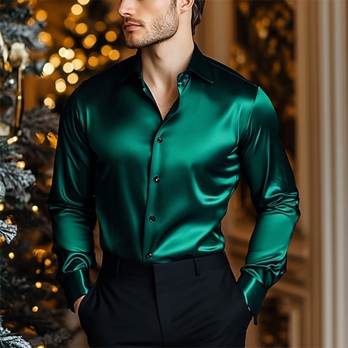 Herren Hemd Satinhemd Freizeithemd Knopfhemd Einfach Hochzeit Urlaub Hellblau Schwarz Wein Königliches Blau Langarm Revers Frühling Herbst Bekleidung Image