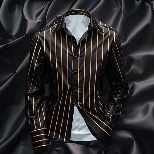 Herren Hemd Satinhemd Lässiges Hemd Gestreiftes Hemd Knopfhemd Gestreift Hochzeit Urlaub Schwarz Marineblau Grün Langarm Kragen Frühling Herbst Bekleidung Image