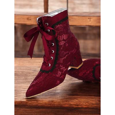 Women's Green Victorian Lace-Up Boots with Floral Lace Overlay and Ribbon Tie – Vintage Style for Special Occasions