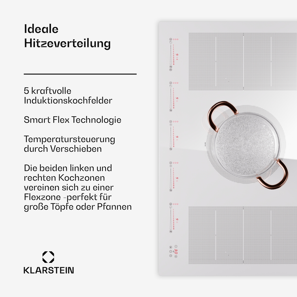 Klarstein Masterzone 90 Flex Induktionskochfeld Einbau 5 Kochzonen 2 Flex-Zonen ThermoBoost Smart Flex Technology max. 12600 Watt Weiß Image