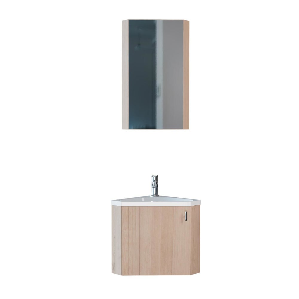 Meuble lave-mains d'angle décor chêne + robinet + armoire miroir