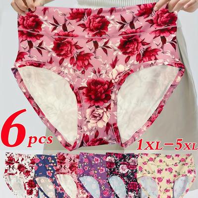 TEMU 6pcs Women's Large Size Briefs, Elegant Floral Print, High Waist, Breathable, Medium Stretch Polyester, For Middle-aged Women, Mother, Girl Image