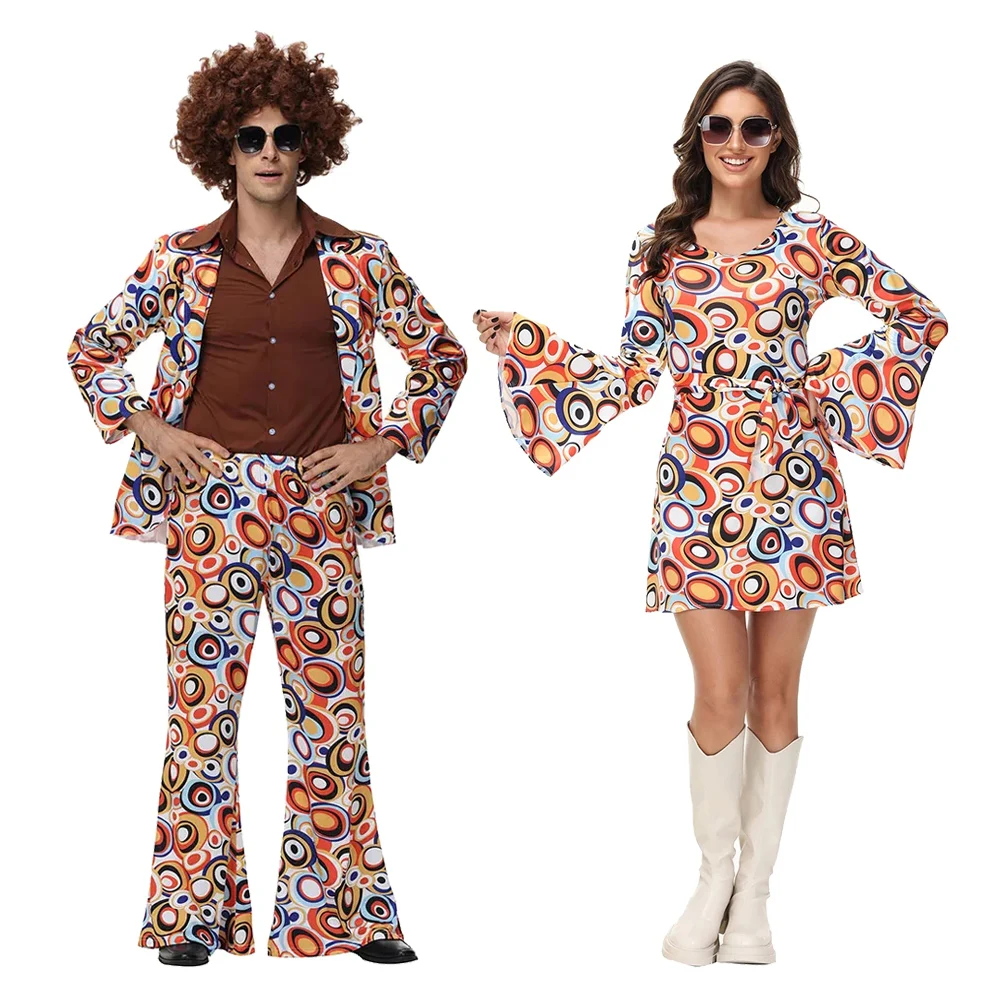 Halloween Party Disco Erwachsene Paare Hippie Kostüme Frauen Männlich 70er 80er Rock Disco Cosplay Outfits Tanz Fantasia Kostüm