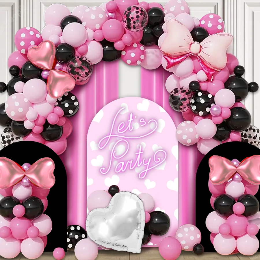 Rosa schwarze Schleife, Prinzessinnen-Themenballon, Party, gewölbtes Ballonketten-Set, 120-teilig, rosa Schleife, Aluminiumfolienballon, geeignet für Urlaub, Feier, Hochzeiten, Brautgeschenke, Image