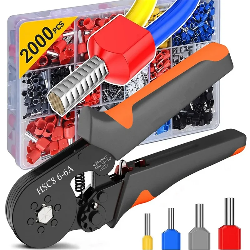Sechseckiges, selbstverstellbares Ratschen-Ferrule-Crimpwerkzeug-Set, 23–10 AWG, 0,25–6 mm2, Crimp-Set mit 400–2000 Stück Drahtklemmen Image