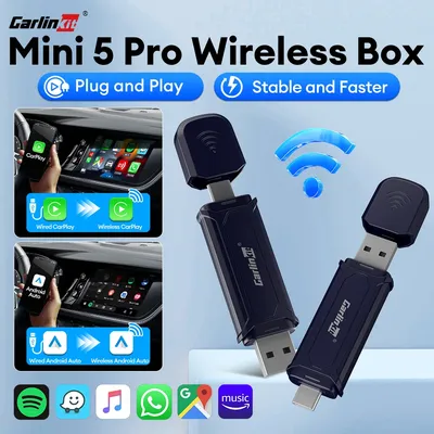 Mini 5 Pro CarlinKit 5.0 Kabelloses CarPlay und Android Auto Kabelloser Adapter 2-in-1 Smart Car Box Stabiler und schneller Anschluss USB-Dongle Dual Channel Funktioniert für kabelgebundenes CarPlay