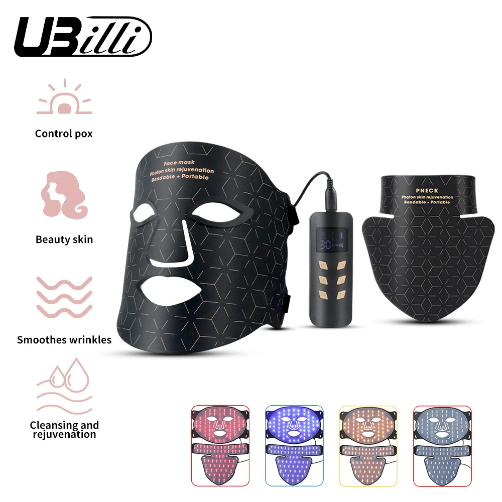 LED 4-Farben-Gesichtsmaske mit Hals, LED-Rotlichttherapie, Nahinfrarot-Silikonmaterial, Maske, Verjüngung, Anti-Aging, Falten, Akne Image