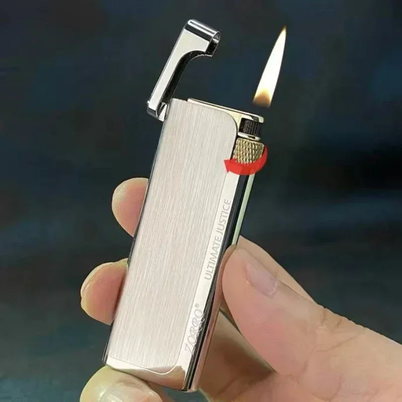 Zorro Metall-Zink-Legierung, ultradünn, schlank, Schleifscheibe, seitlicher Slip, reines Kupfer, Butan-Gas-Feuerzeug, Raucherzubehör, Gadgets Image