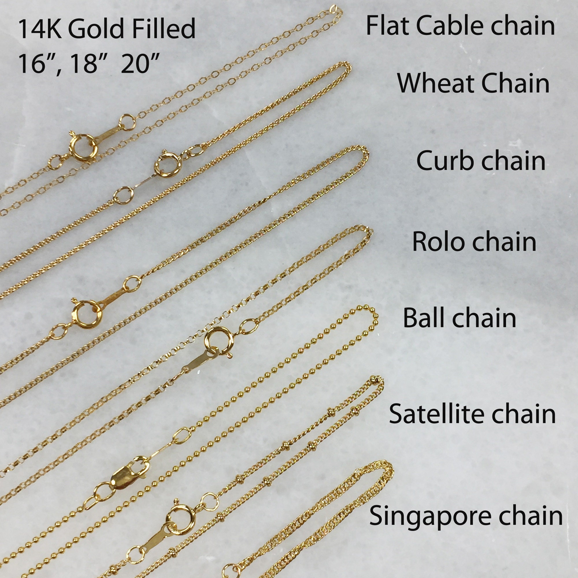Collane con catene finite riempite d'oro, catena a sfere satellitari, catena Rolo, catena Singapore, catena a maglie, catena a grano, catena a barbazz