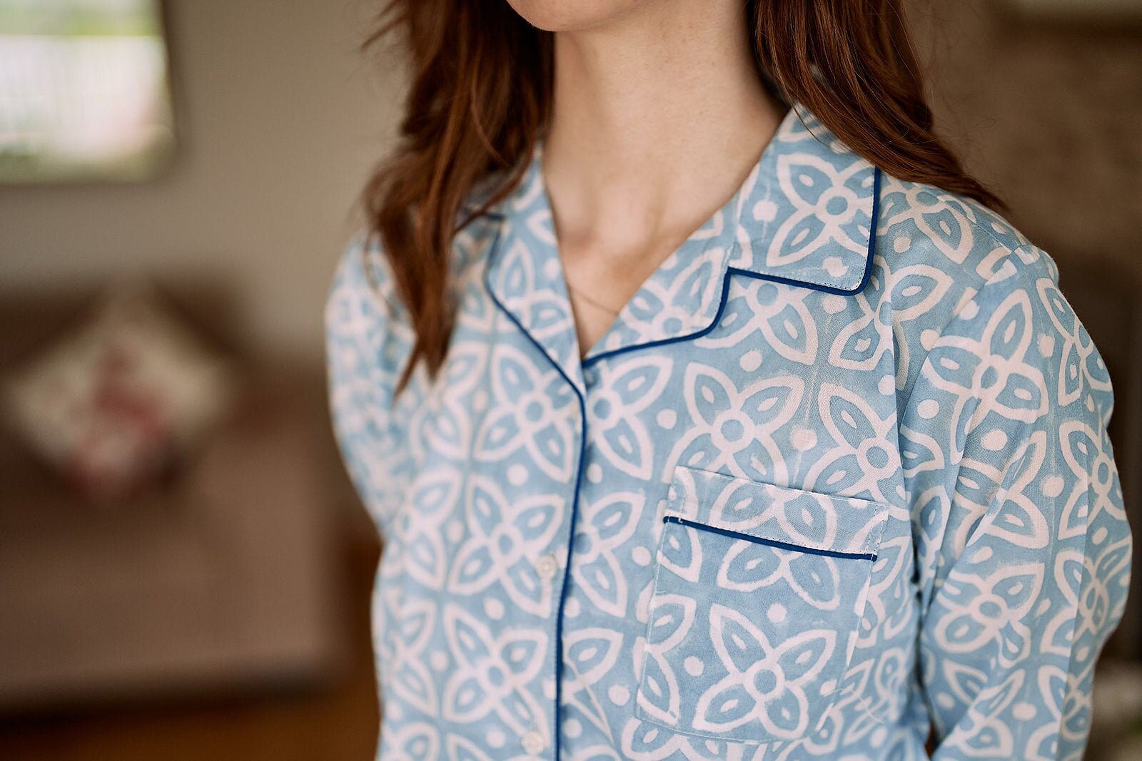 Pigiama di lusso in cotone, pigiama in cotone biologico stampato a mano con tecnica block print, set coordinato di 2 pezzi, pigiama azzurro polvere pr