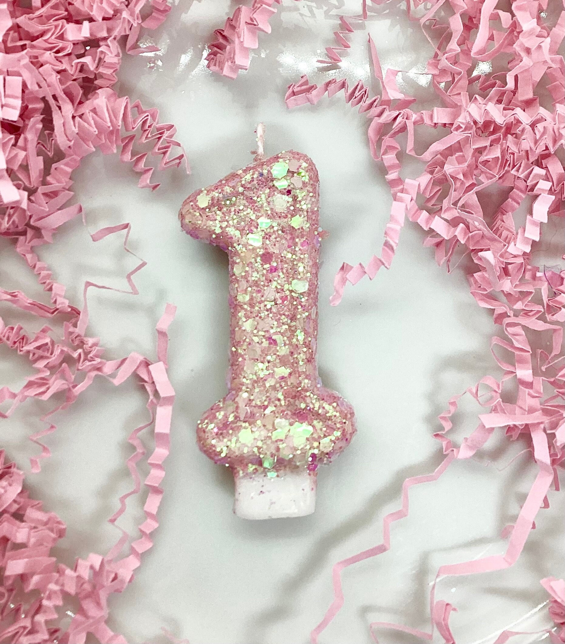 Candela di compleanno rosa iridescente, decorazione principessa, uno, candela di compleanno glitterata, decorazione per torta con numero scintillante,