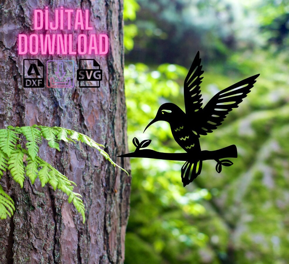 Colibrì su ramo albero pali file dxf svg/Garden Decor dxf file/file dxf per laser/uccello laser cut file/albero palo file dxf taglio laser