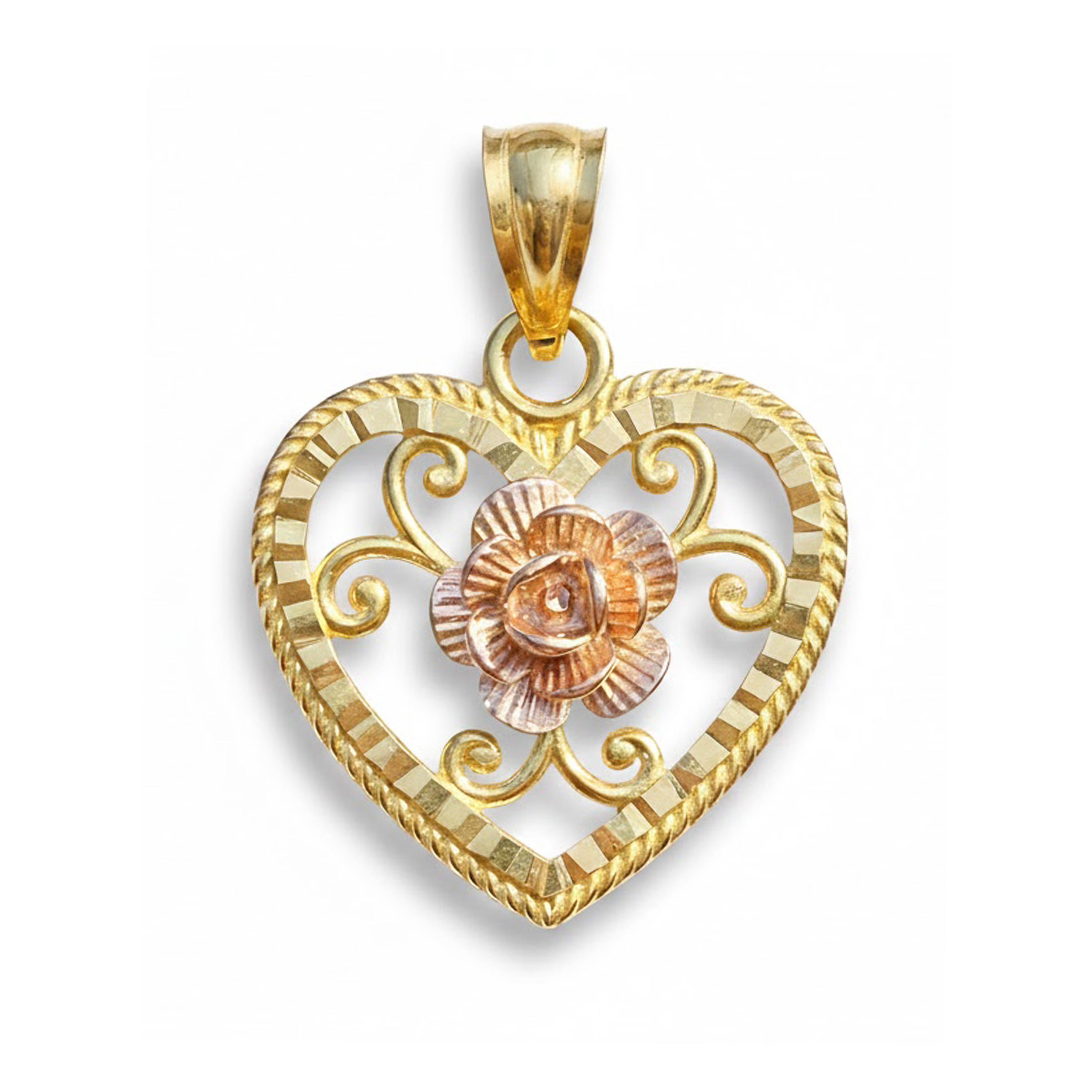 Ciondolo a forma di cuore floreale in oro - Ciondolo a forma di cuore con rosa - Oro massiccio 10 carati - Collana a forma di cuore per lei - Ideale c