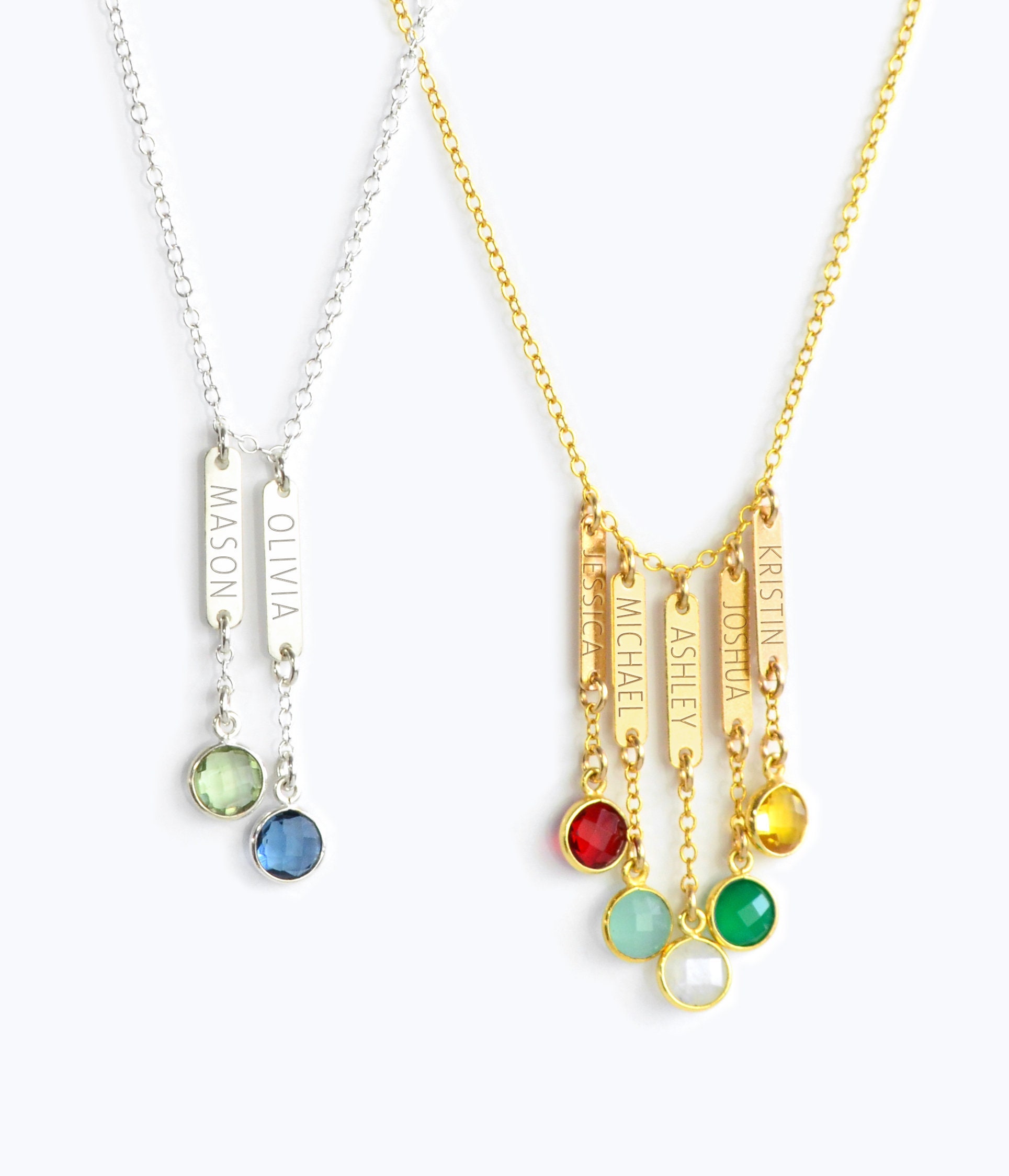 Collana per la mamma con nomi dei figli e pietre portafortuna * Collana personalizzata per la famiglia, collana con barretta incisa su misura, regalo