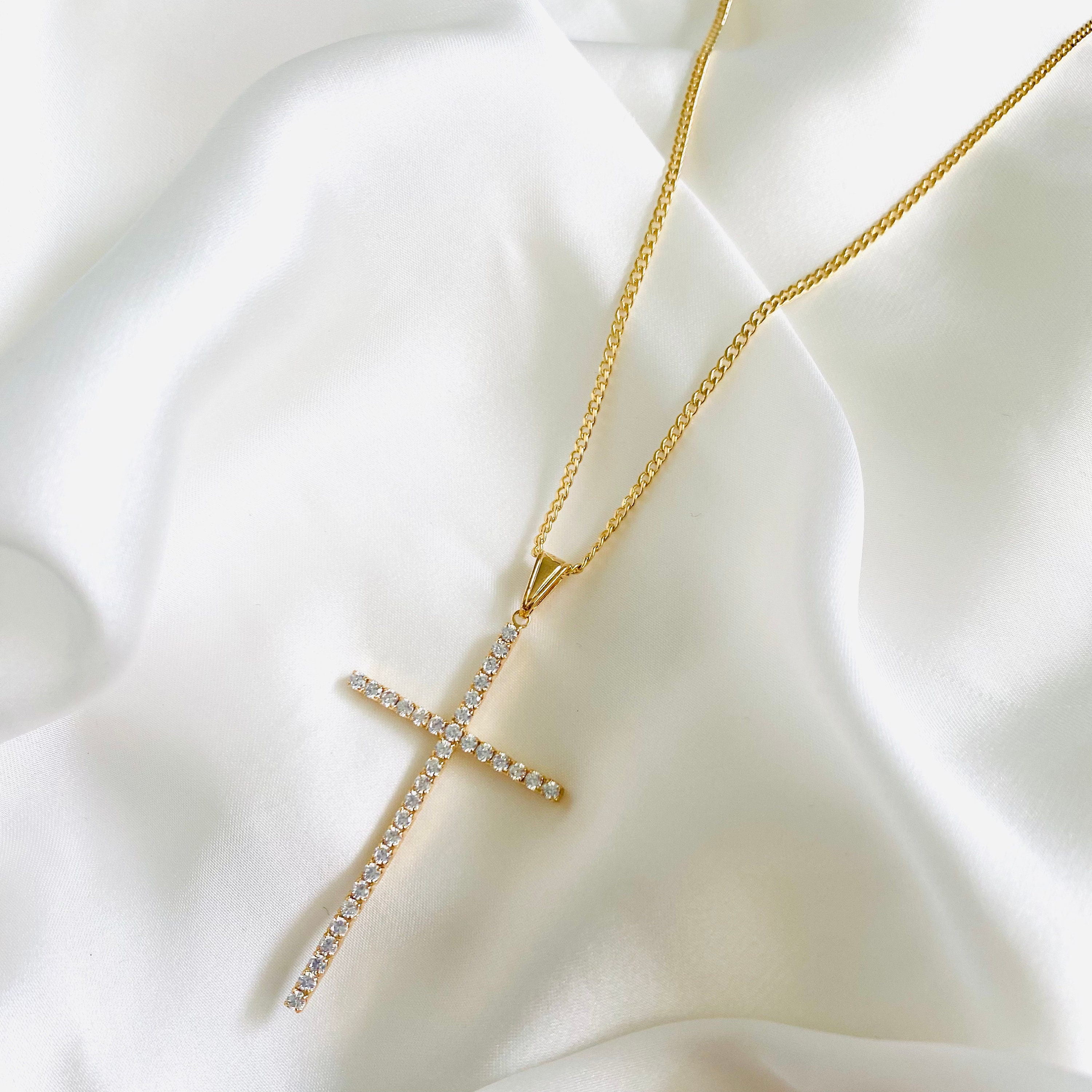 Collana con croce in zircone, collana con croce lunga, collana con croce sottile, collana religiosa, collana riempita in oro 18k, collana delicata, re