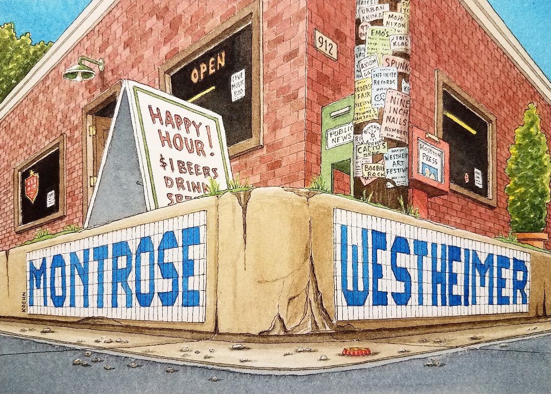 "Montrose & Westheimer. 5\" x 7\". Houston Texas. Pittura ad acquerello. Stampa artistica. Piastrelle blu. Houston Painting. Jim Koehn Art. Houston Art."