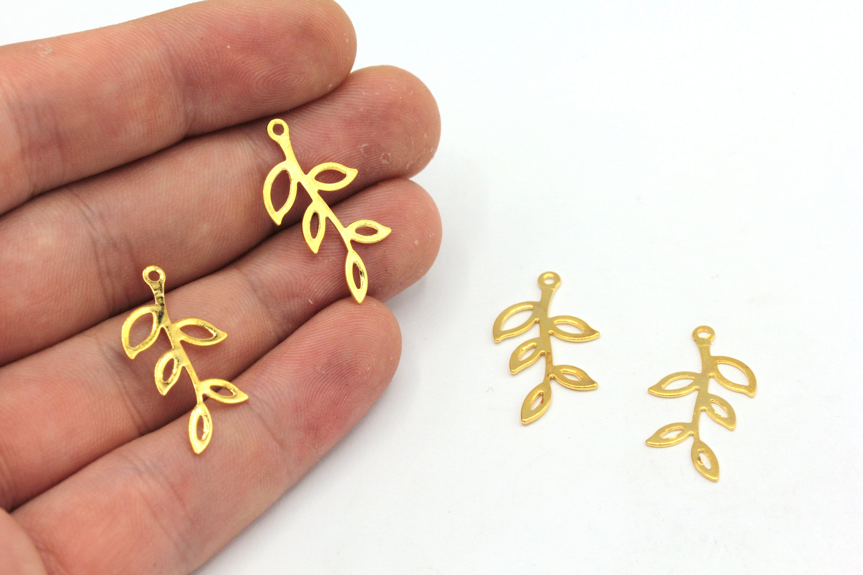 Ciondolo a forma di ramo d'ulivo in oro da 14 x 25 mm, ciondolo a forma di foglia, ciondolo a forma di piccola foglia, ciondolo a forma di foglie, cio