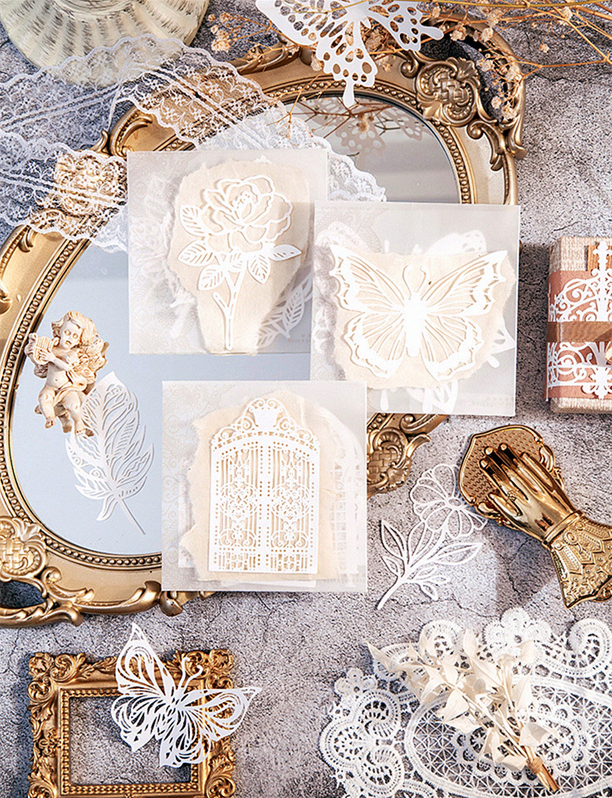 Set di carta con materiale cavo in pizzo, carta per scrapbooking, carta per diario spazzatura, carta effimera, pizzo, carta decorativa, carta per coll