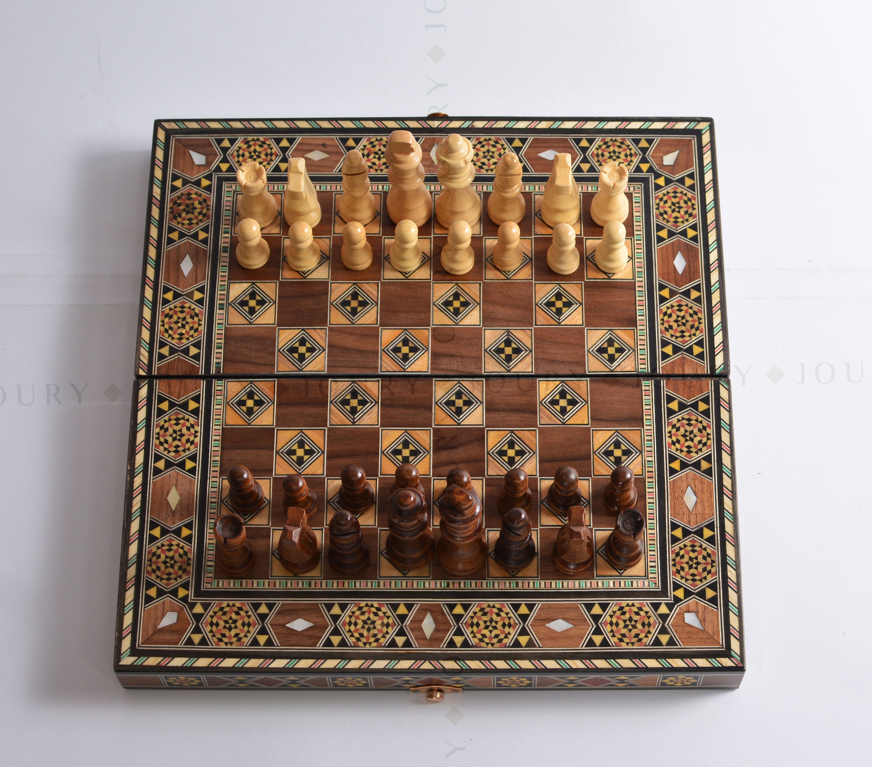 SALDI Scacchiera e tavola da backgammon pieghevoli da 12 pollici. Include set di scacchi e set di pezzi per backgammon con intarsio di perle.