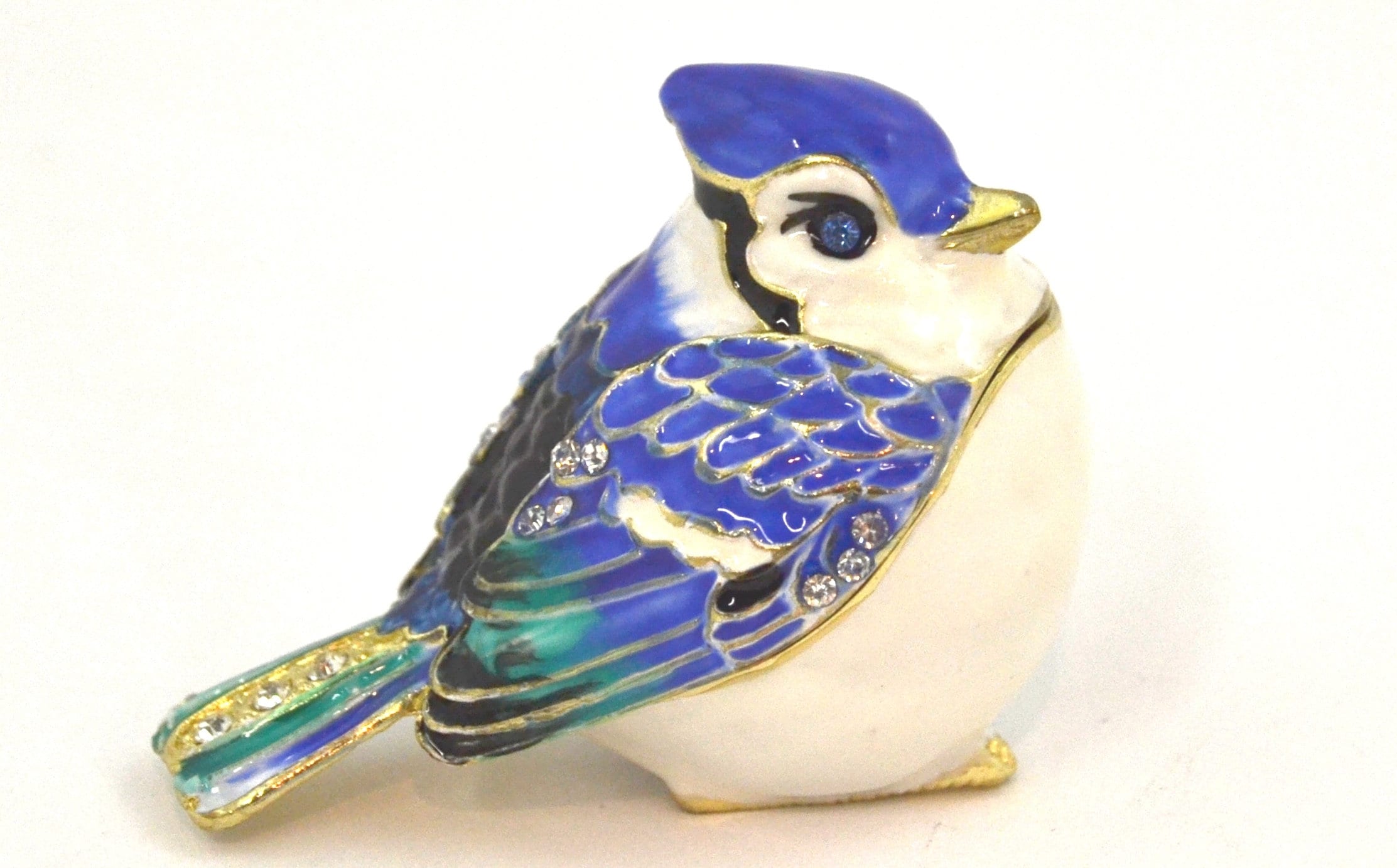 Piccolo portagioie a forma di ghiandaia azzurra di Ciel Collectables. Realizzato a mano con cristalli austriaci e smalto.