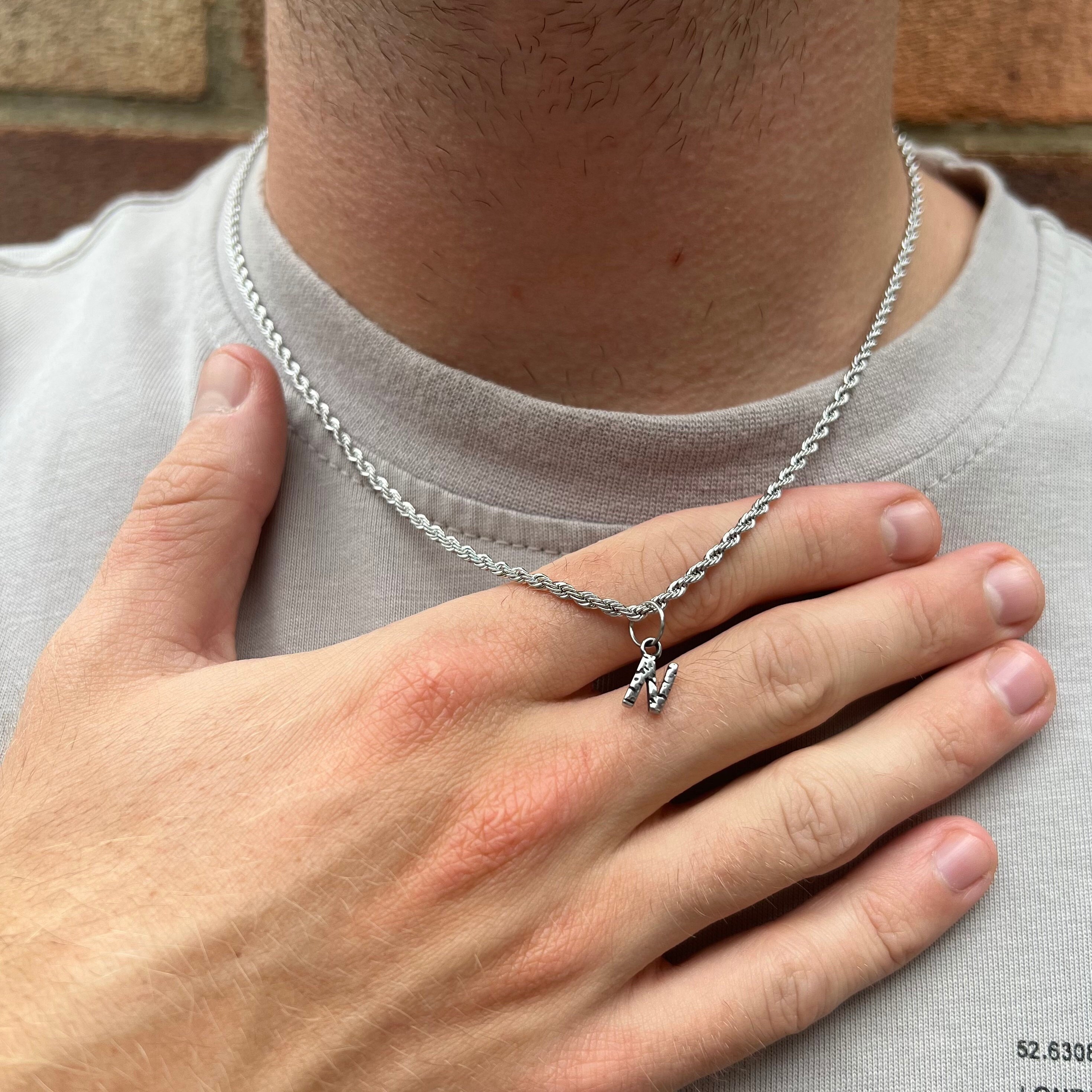 Piccola collana con iniziale in argento per uomo - Collana con ciondolo con lettera iniziale da uomo - Gioielli da uomo - Catena con iniziale da uomo