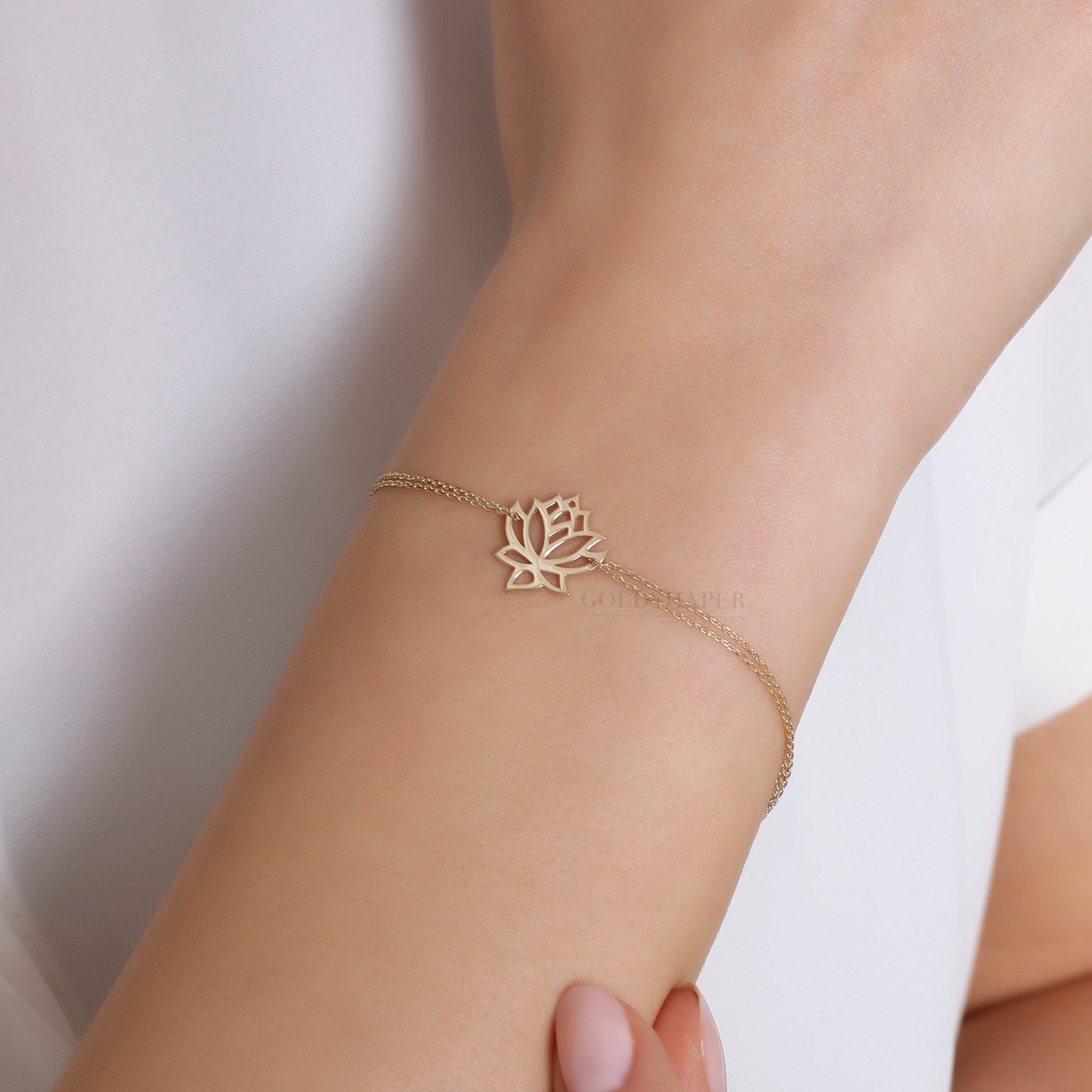 Bracciale Lotus in oro, bracciale con fiore di loto in oro 14 carati, bracciale Lotus, bracciale con fiore di loto, bracciale con ciondolo a forma di